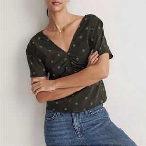 Madewell Olive Green V-Neck Ruched Front Short Sleeve Top